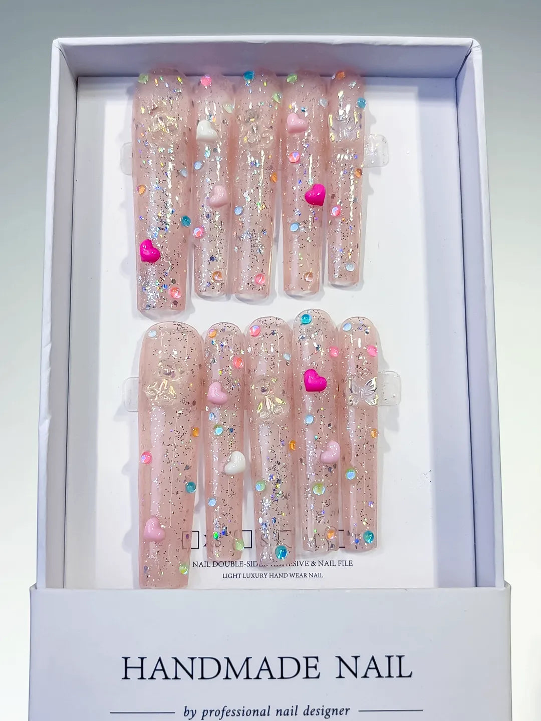 Nude Pink Silver Glitter Heart Pearl 3D press on nails full set view
