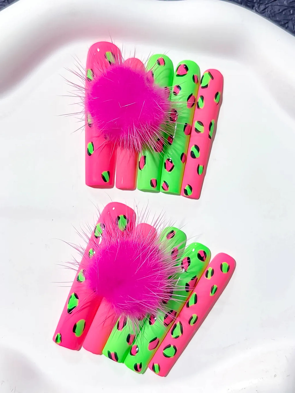 Pink Green Black Abstract Animal Print Pom Pom 3D press on nails detail view