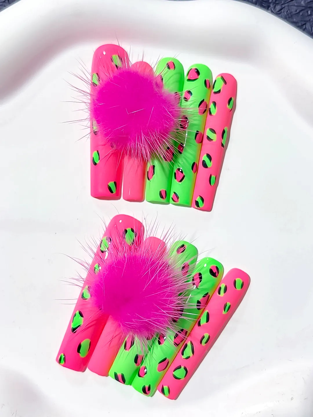 Pink Green Black Abstract Animal Print Pom Pom 3D press on nails detail view