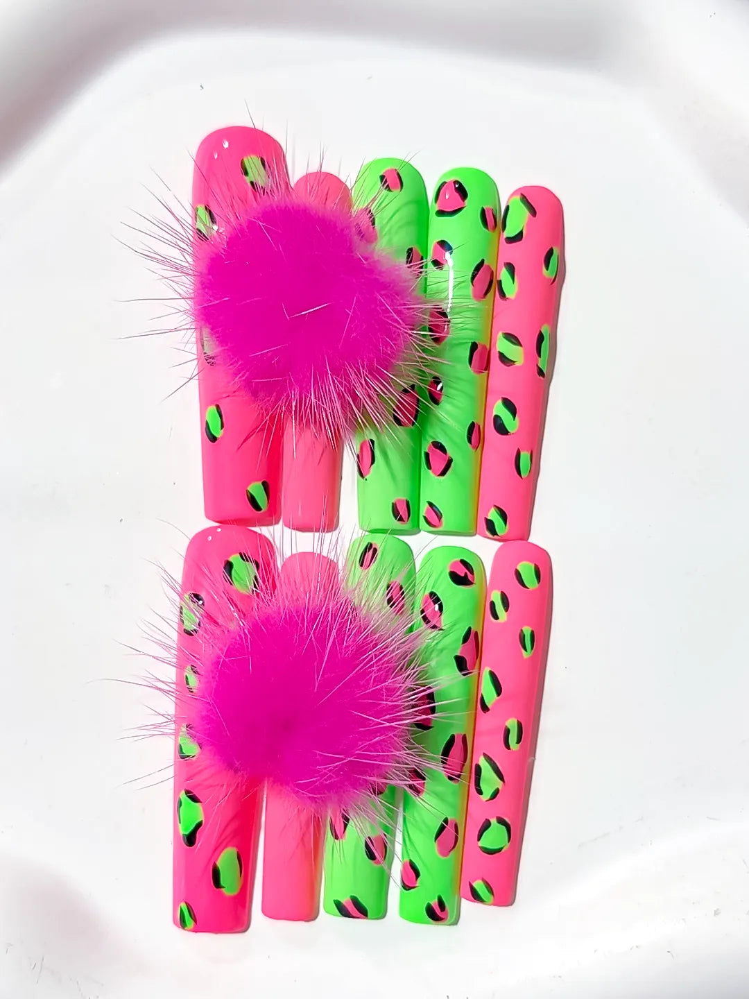 Pink Green Black Abstract Animal Print Pom Pom 3D press on nails close up