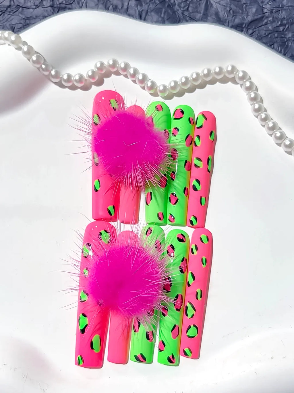 Pink Green Black Abstract Animal Print Pom Pom 3D press on nails detail view