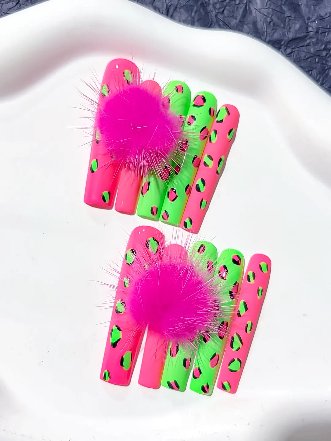 Pink Green Black Abstract Animal Print Pom Pom 3D press on nails detail view