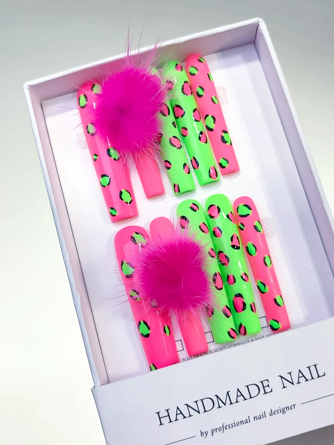 Pink Green Black Abstract Animal Print Pom Pom 3D press on nails angled view