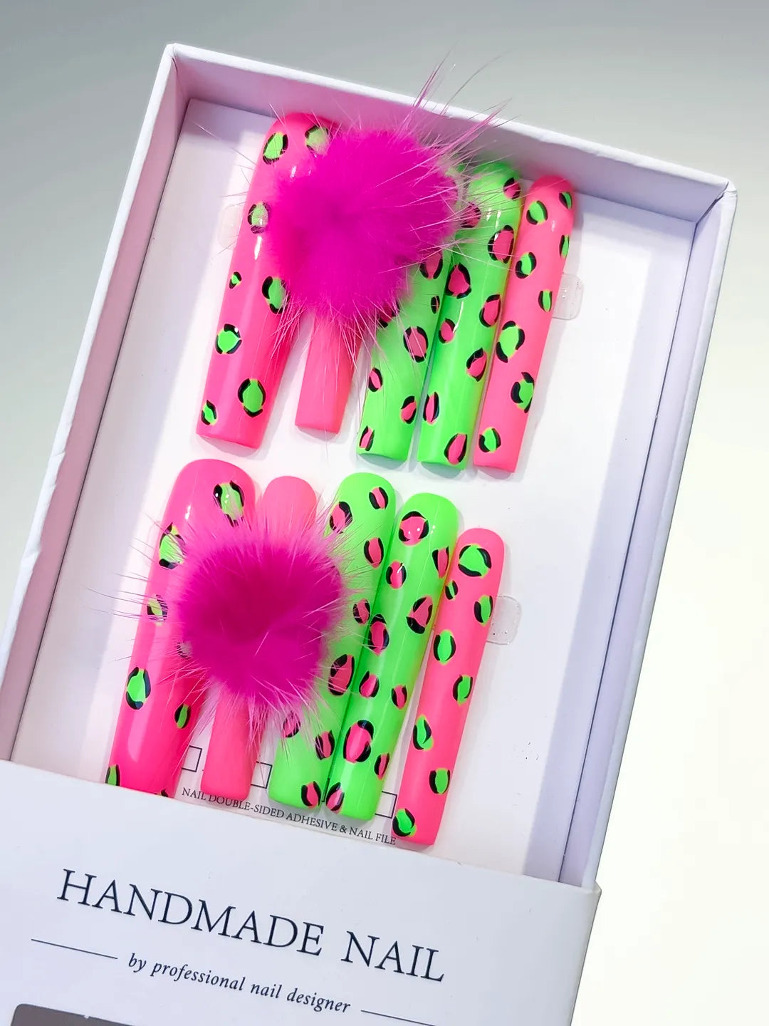 Pink Green Black Abstract Animal Print Pom Pom 3D press on nails