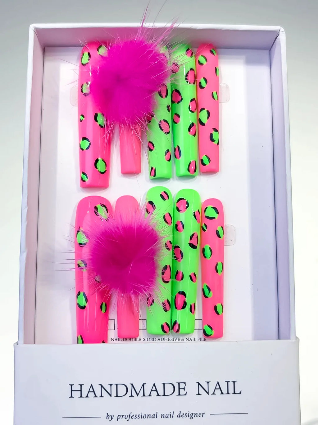 Pink Green Black Abstract Animal Print Pom Pom 3D press on nails full set view