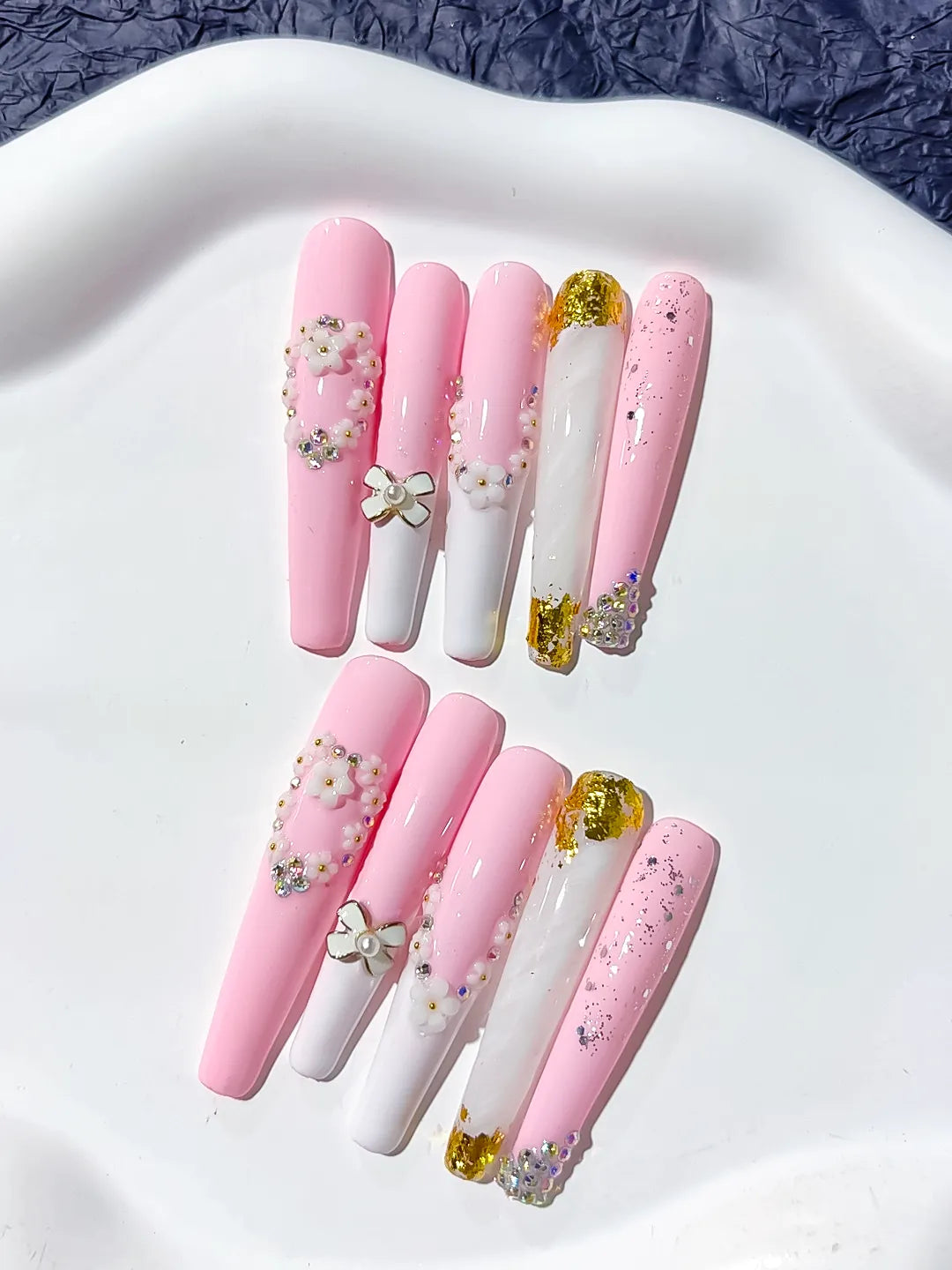Pink White Gold Silver Solid color Bow Flower Rhinestone Glitter press on nails close up
