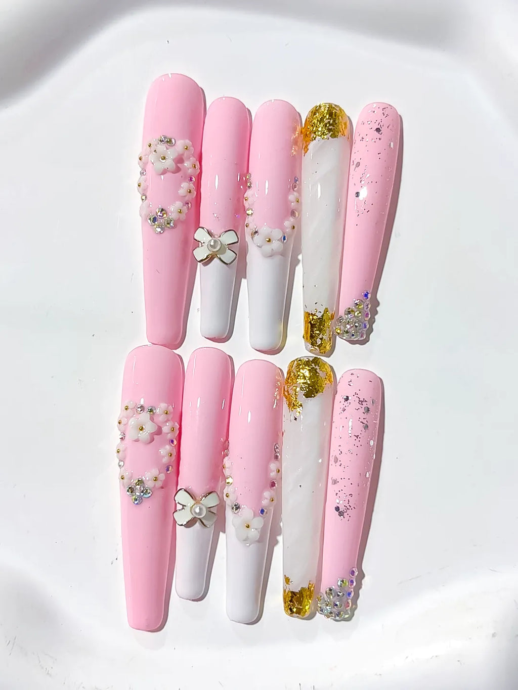 Pink White Gold Silver Solid color Bow Flower Rhinestone Glitter press on nails detail view