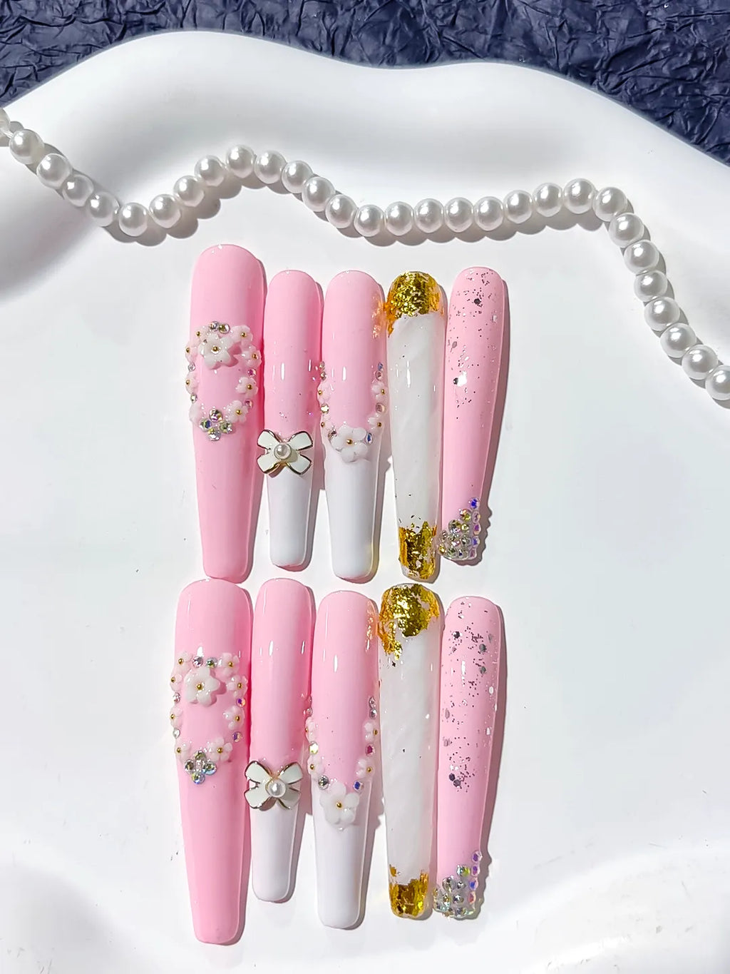 Pink White Gold Silver Solid color Bow Flower Rhinestone Glitter press on nails detail view