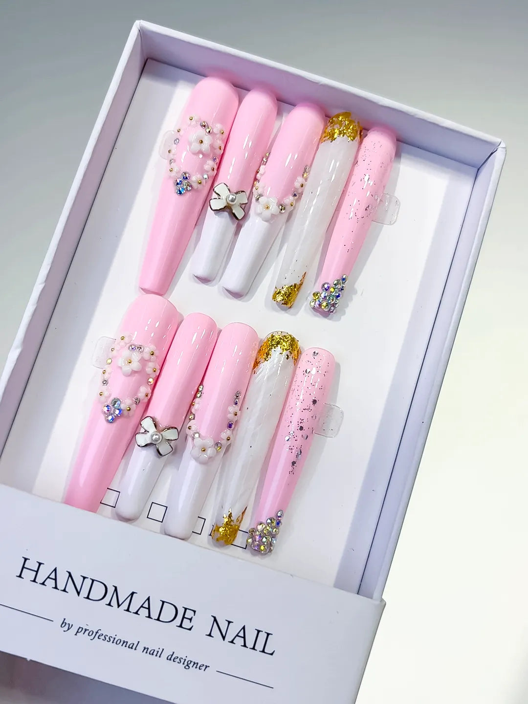Pink White Gold Silver Solid color Bow Flower Rhinestone Glitter press on nails