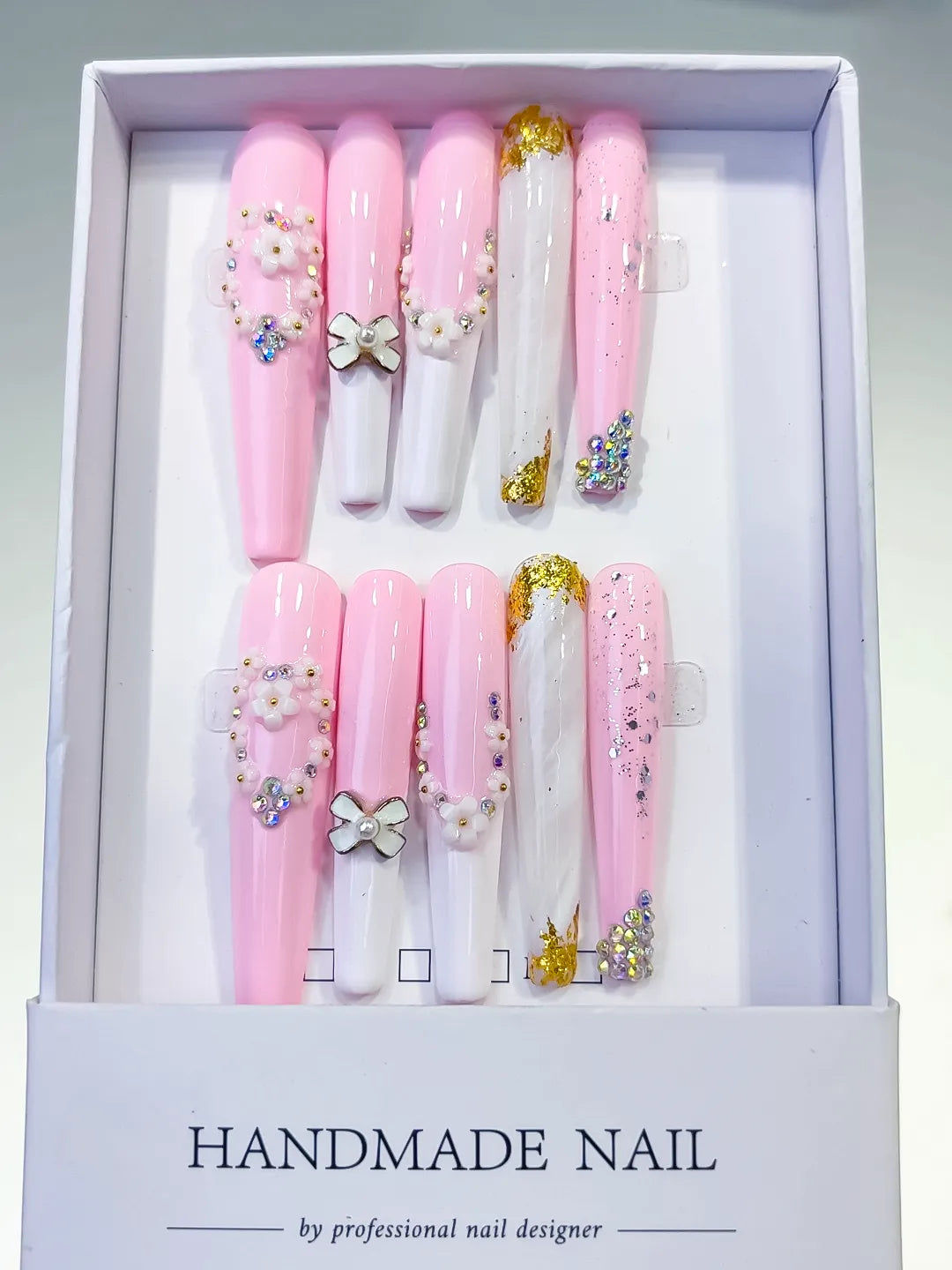 Pink White Gold Silver Solid color Bow Flower Rhinestone Glitter press on nails full set view
