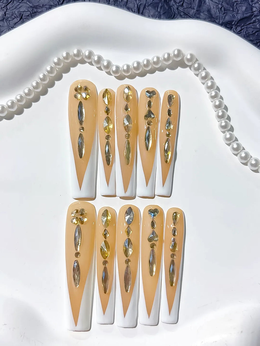Nude White Gold Silver French tip Rhinestone press on nails detail view