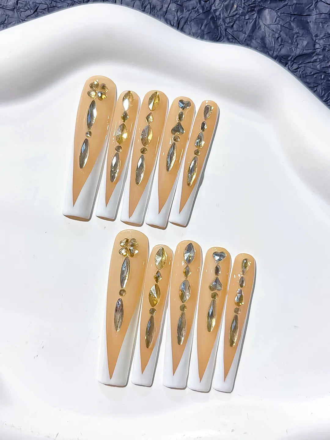 Nude White Gold Silver French tip Rhinestone press on nails close up