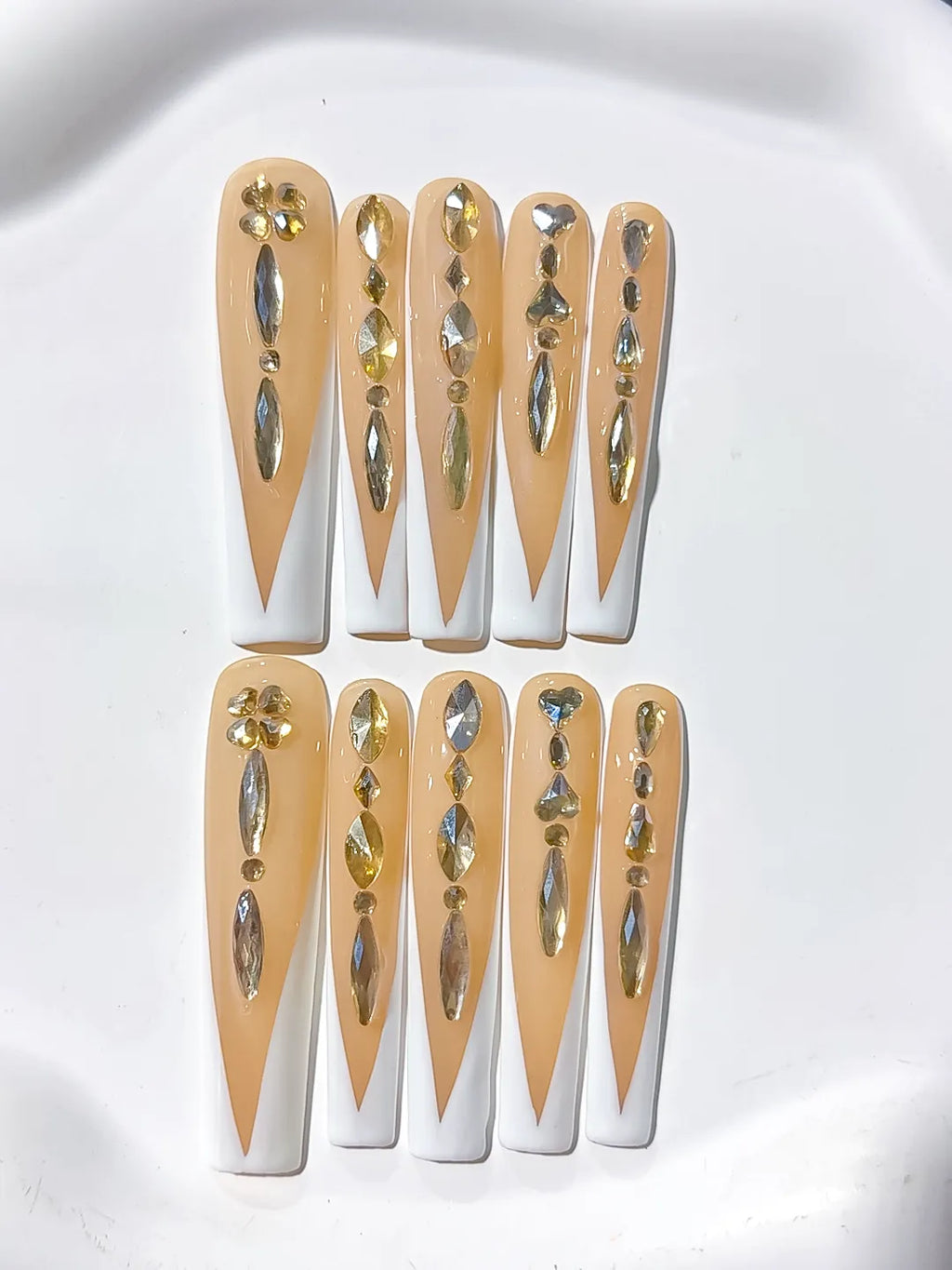 Nude White Gold Silver French tip Rhinestone press on nails detail view