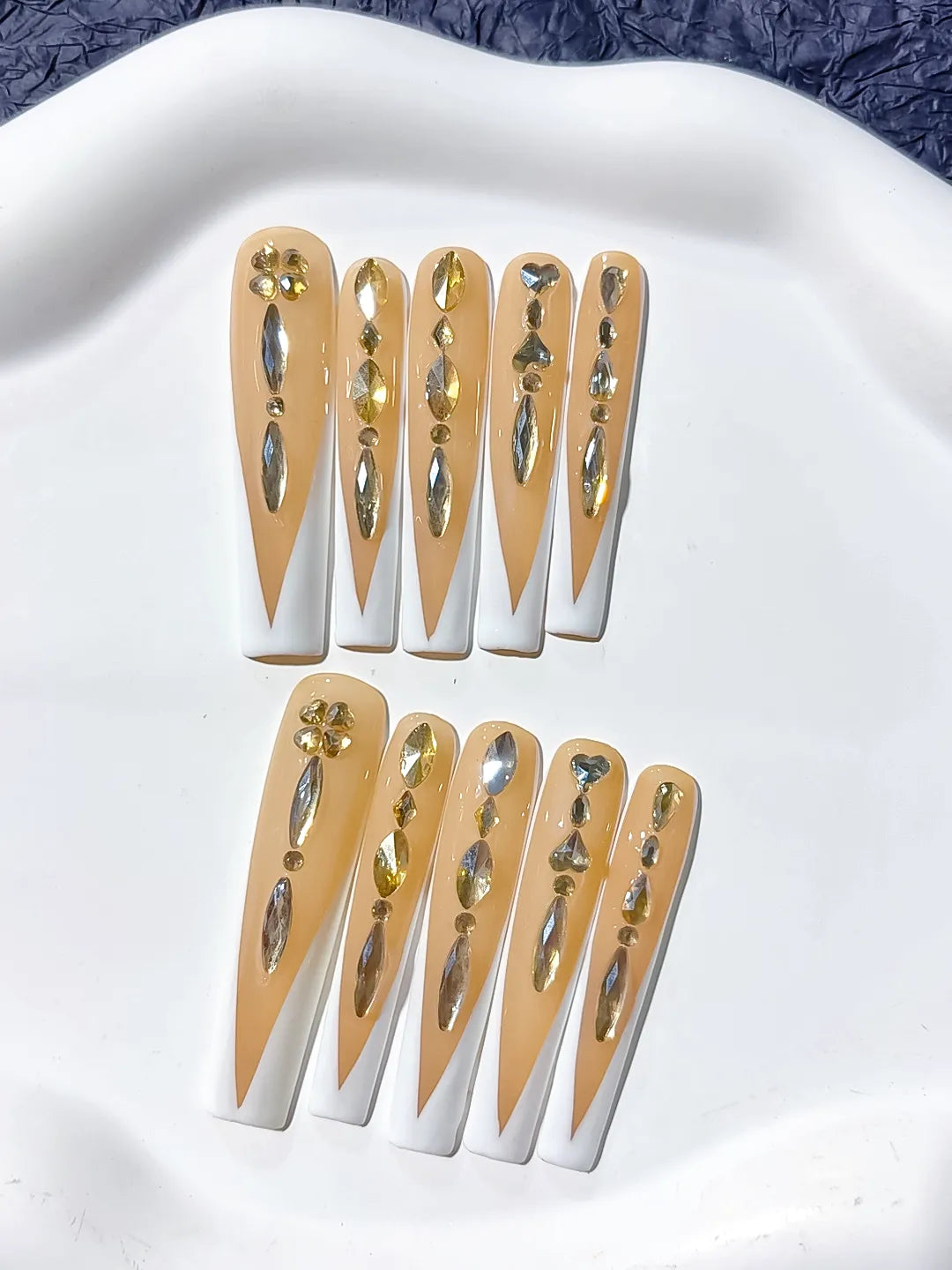 Nude White Gold Silver French tip Rhinestone press on nails detail view