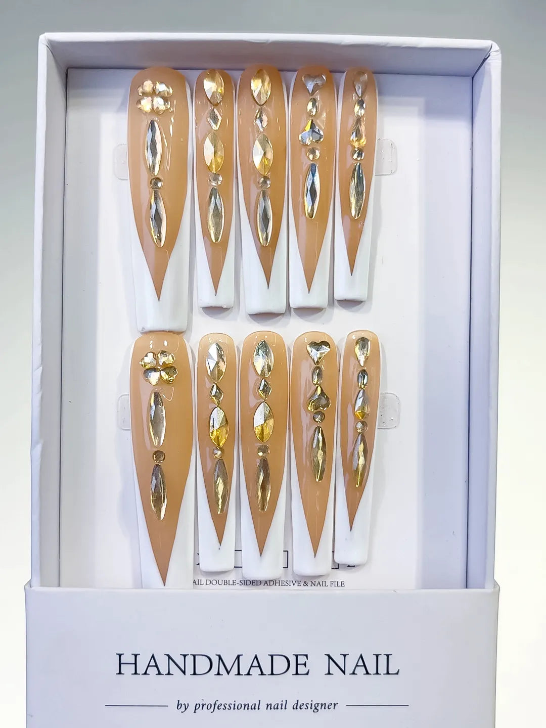Nude White Gold Silver French tip Rhinestone press on nails full set view