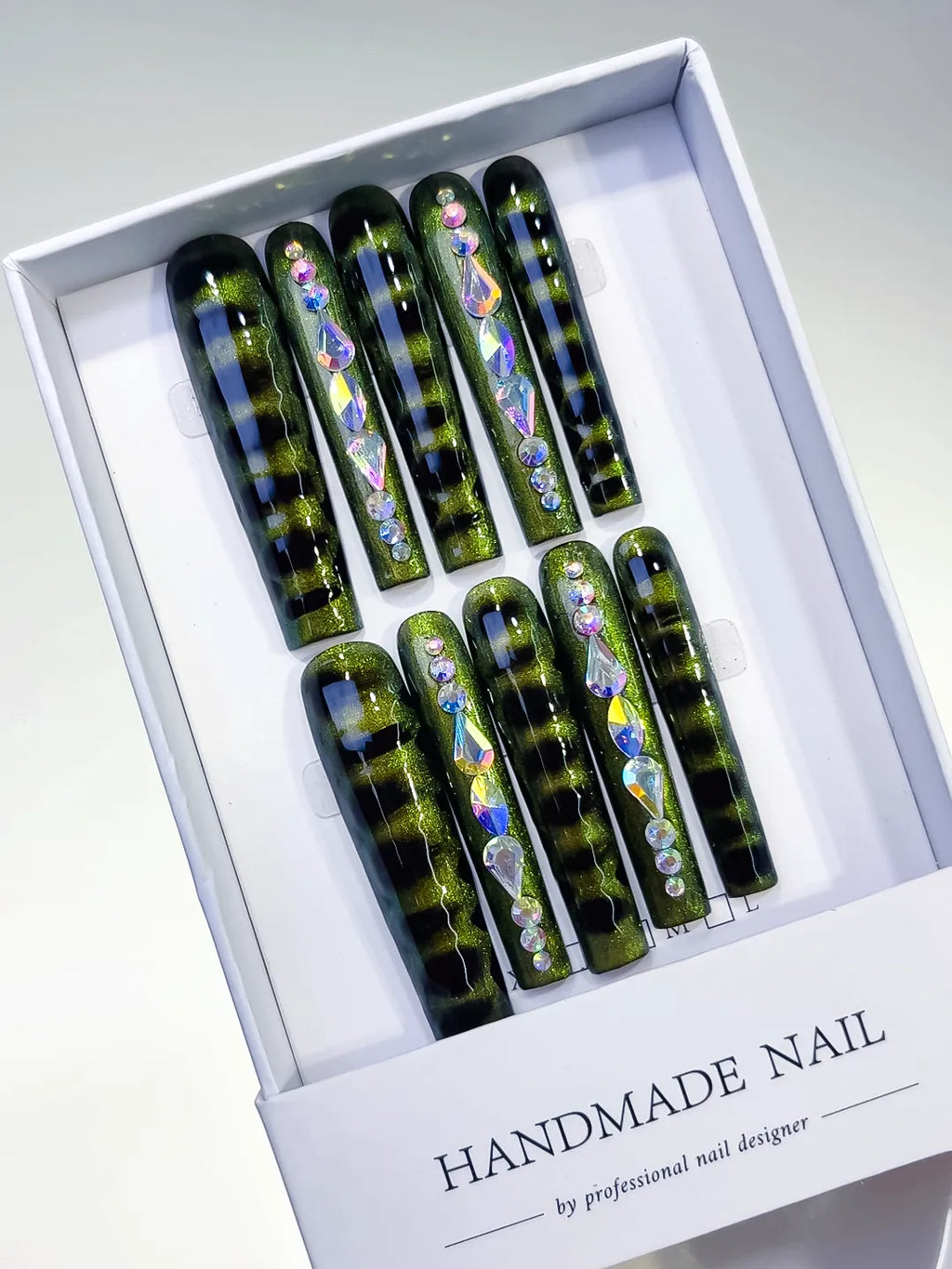 Black Green Gold Multicolor Metallic Rhinestone press on nails angled view