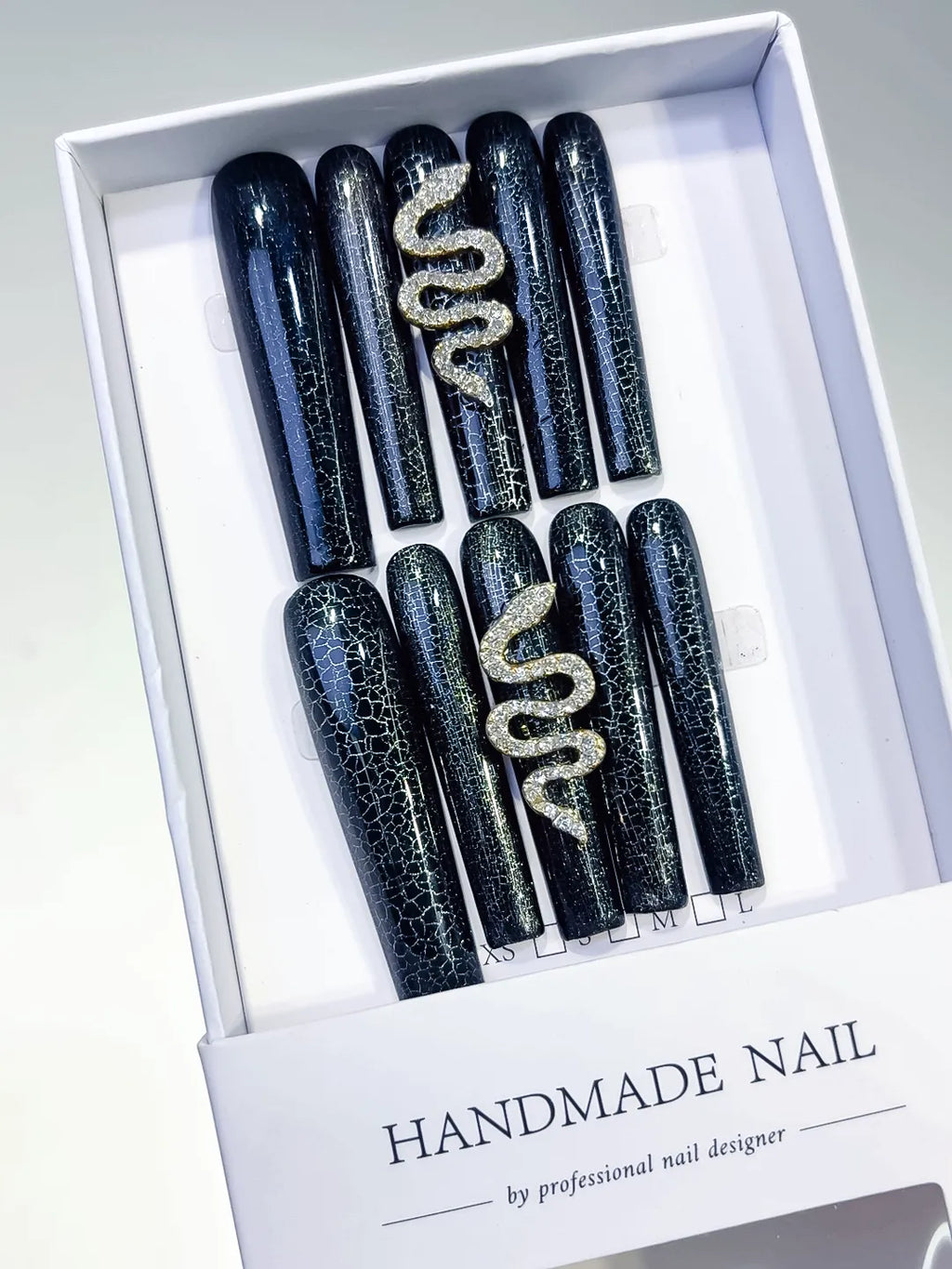 Black Silver Glitter Snake Crackle press on nails angled view