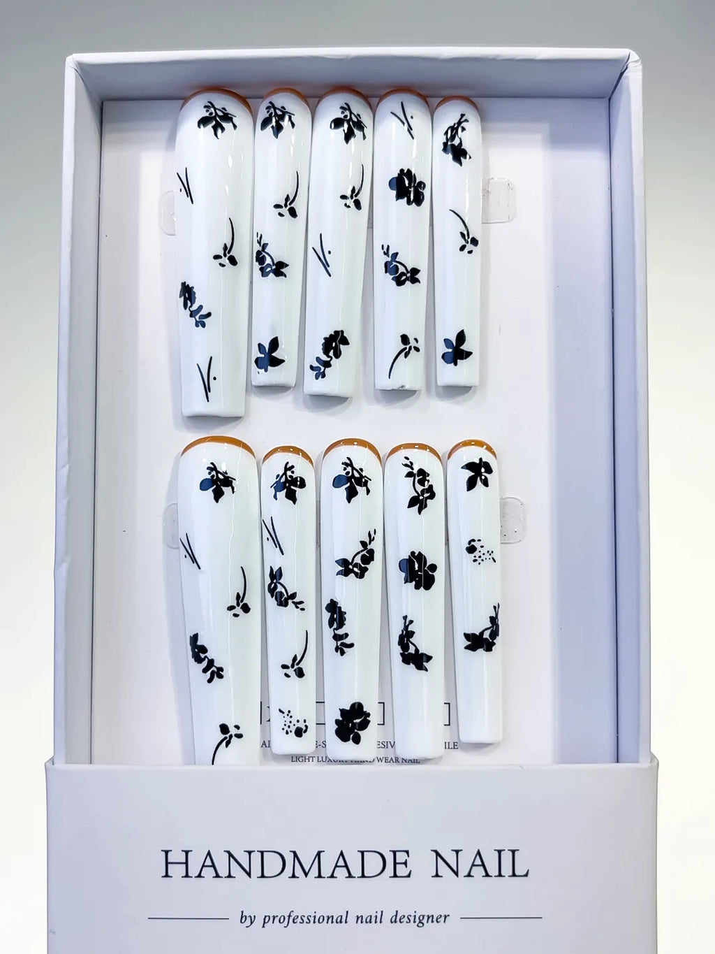 White Black Gold Floral press on nails full set view