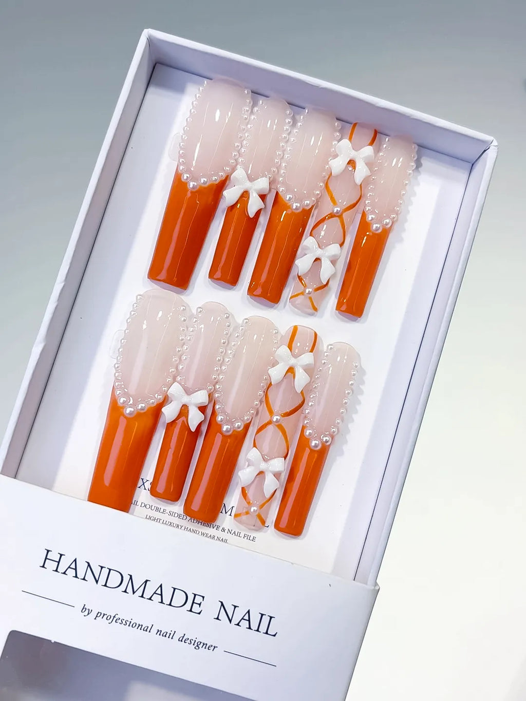 Nude Orange White Silver French tip Bow Pearl 3D press on nails