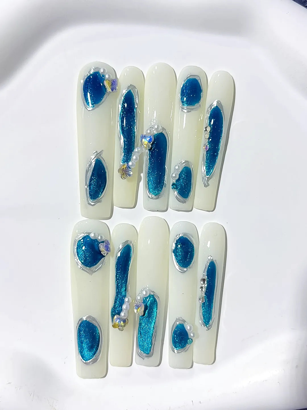 White Blue Silver Solid color Heart Pearl 3D press on nails close up