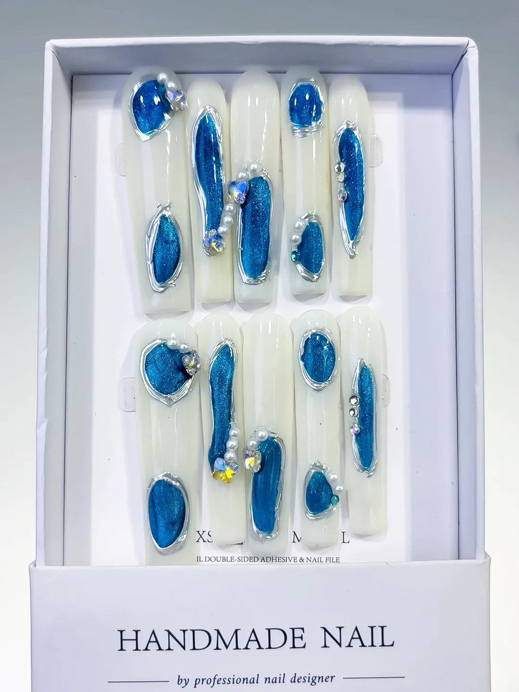 White Blue Silver Solid color Heart Pearl 3D press on nails full set view