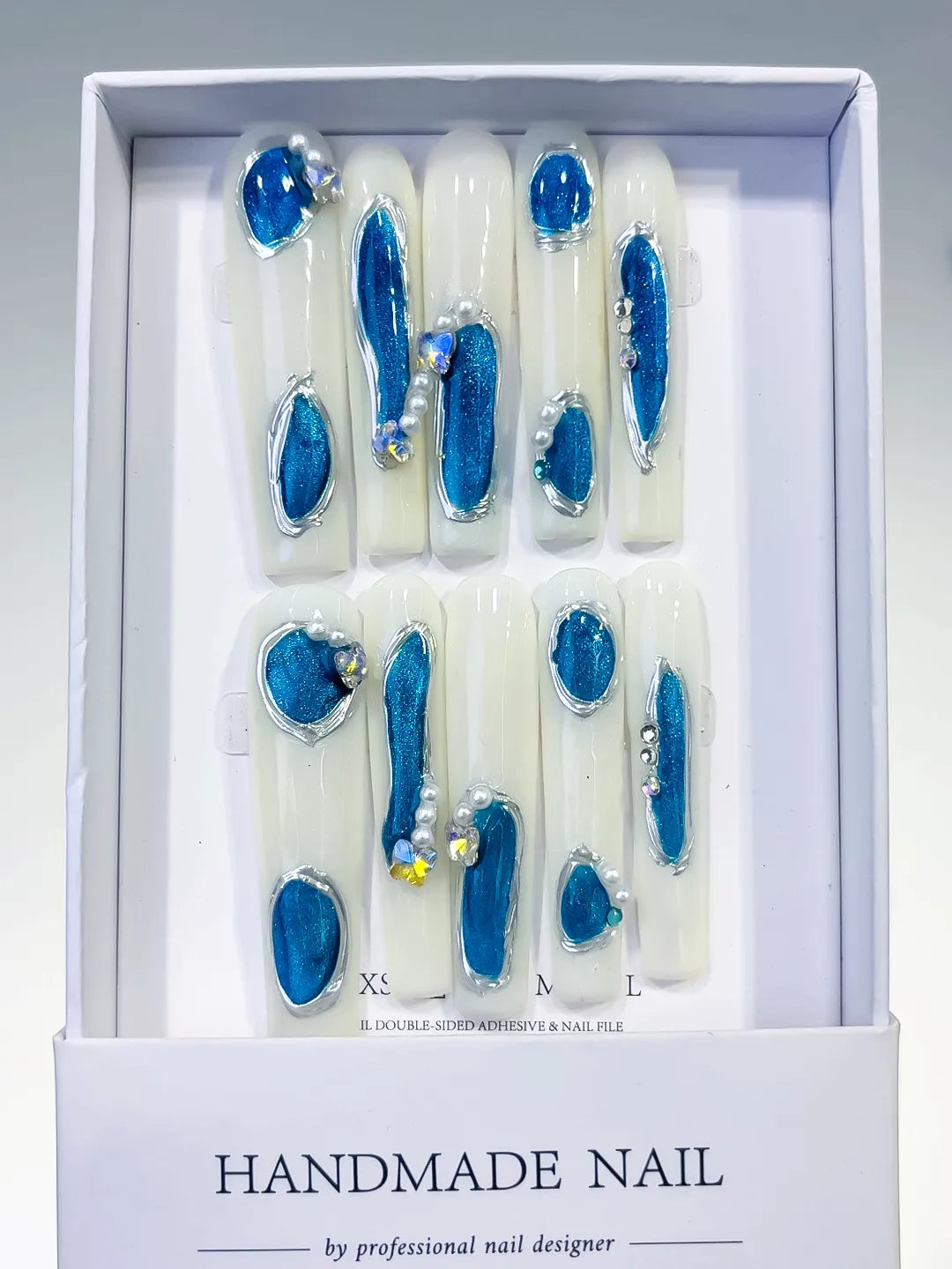 White Blue Silver Solid color Heart Pearl 3D press on nails full set view