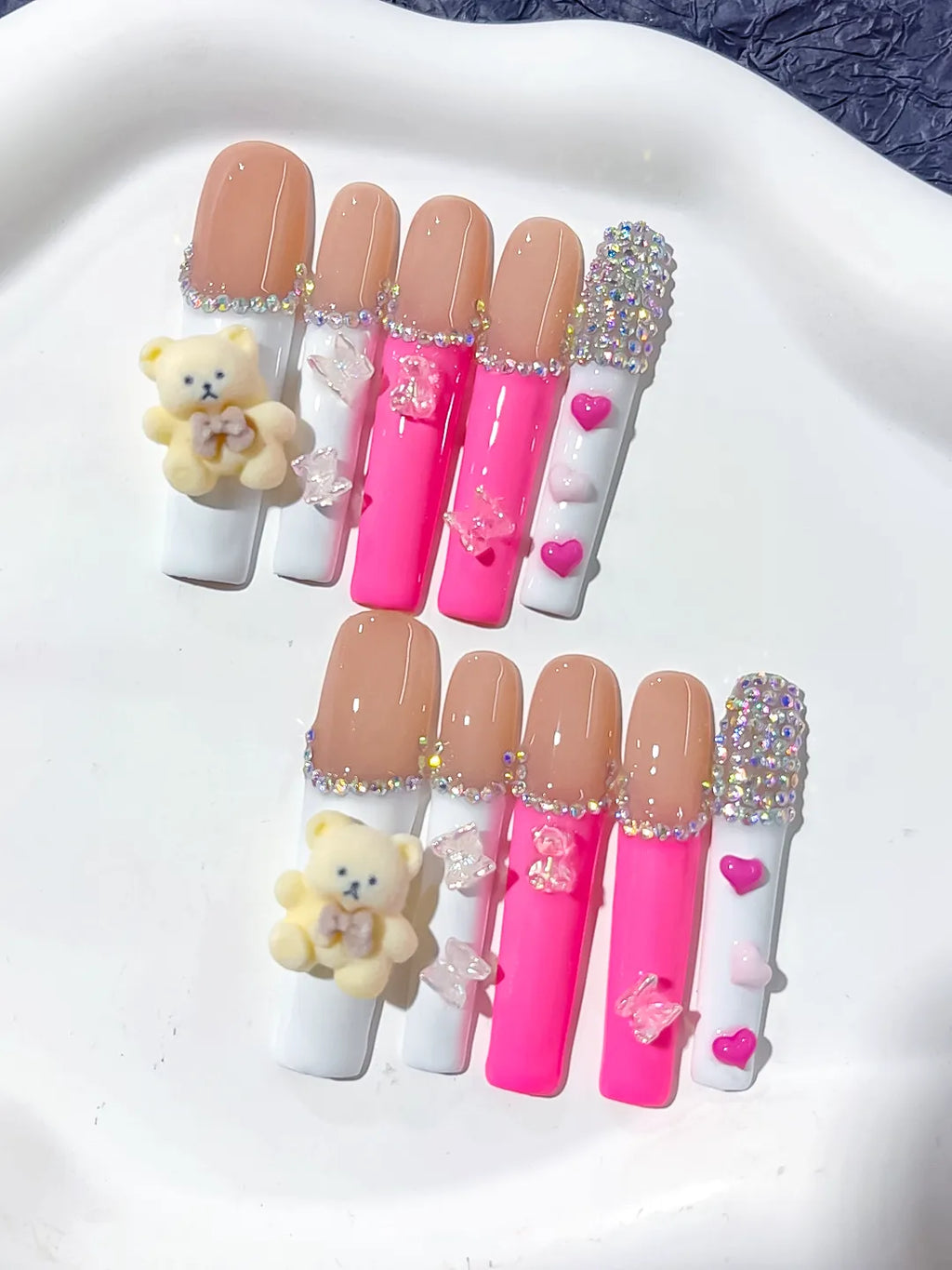 Nude White Pink Silver Solid color Bear Butterfly Heart Rhinestone 3D press on nails detail view