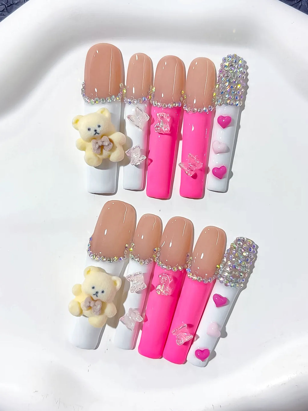 Nude White Pink Silver Solid color Bear Butterfly Heart Rhinestone 3D press on nails close up