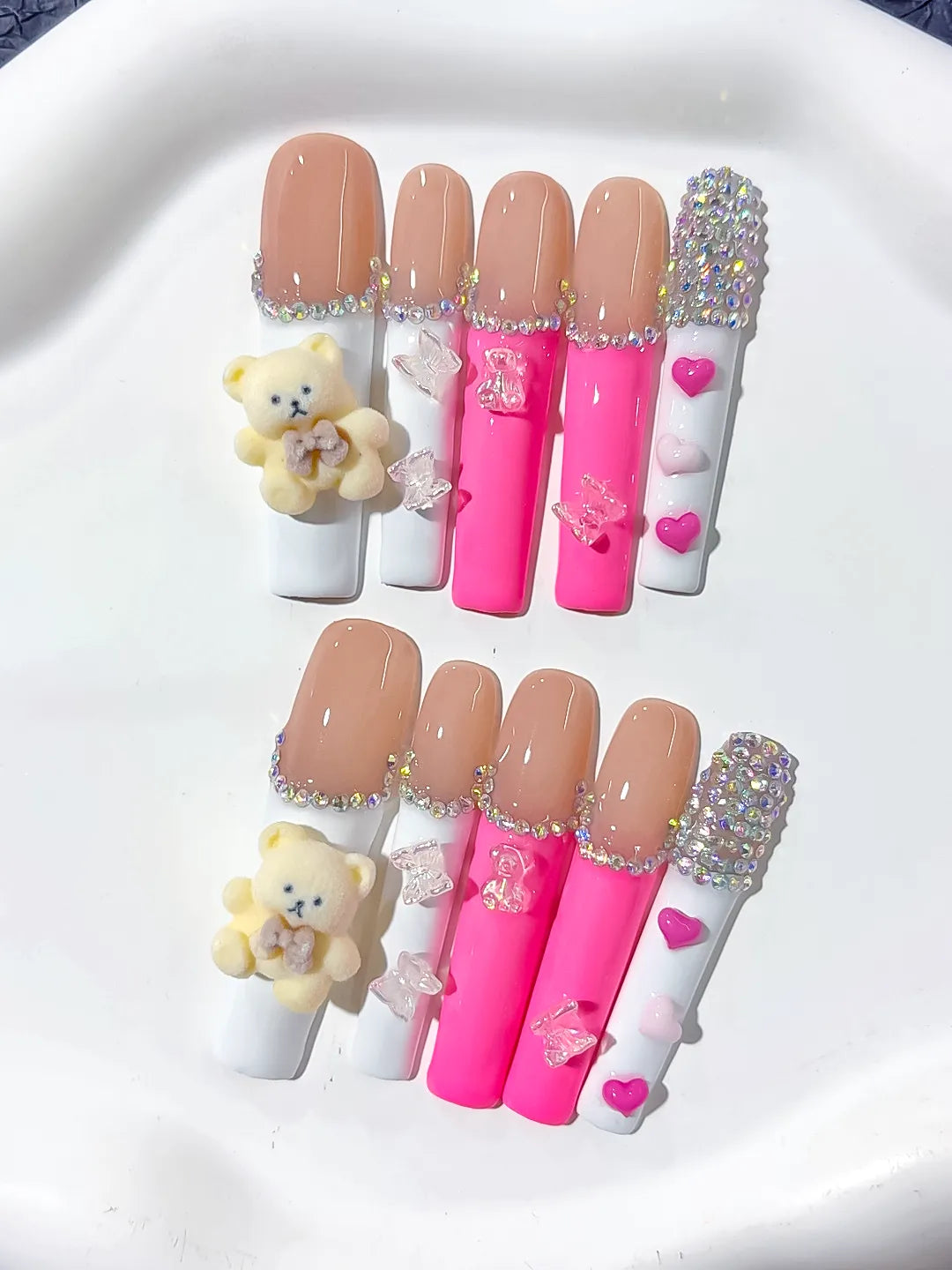 Nude White Pink Silver Solid color Bear Butterfly Heart Rhinestone 3D press on nails close up