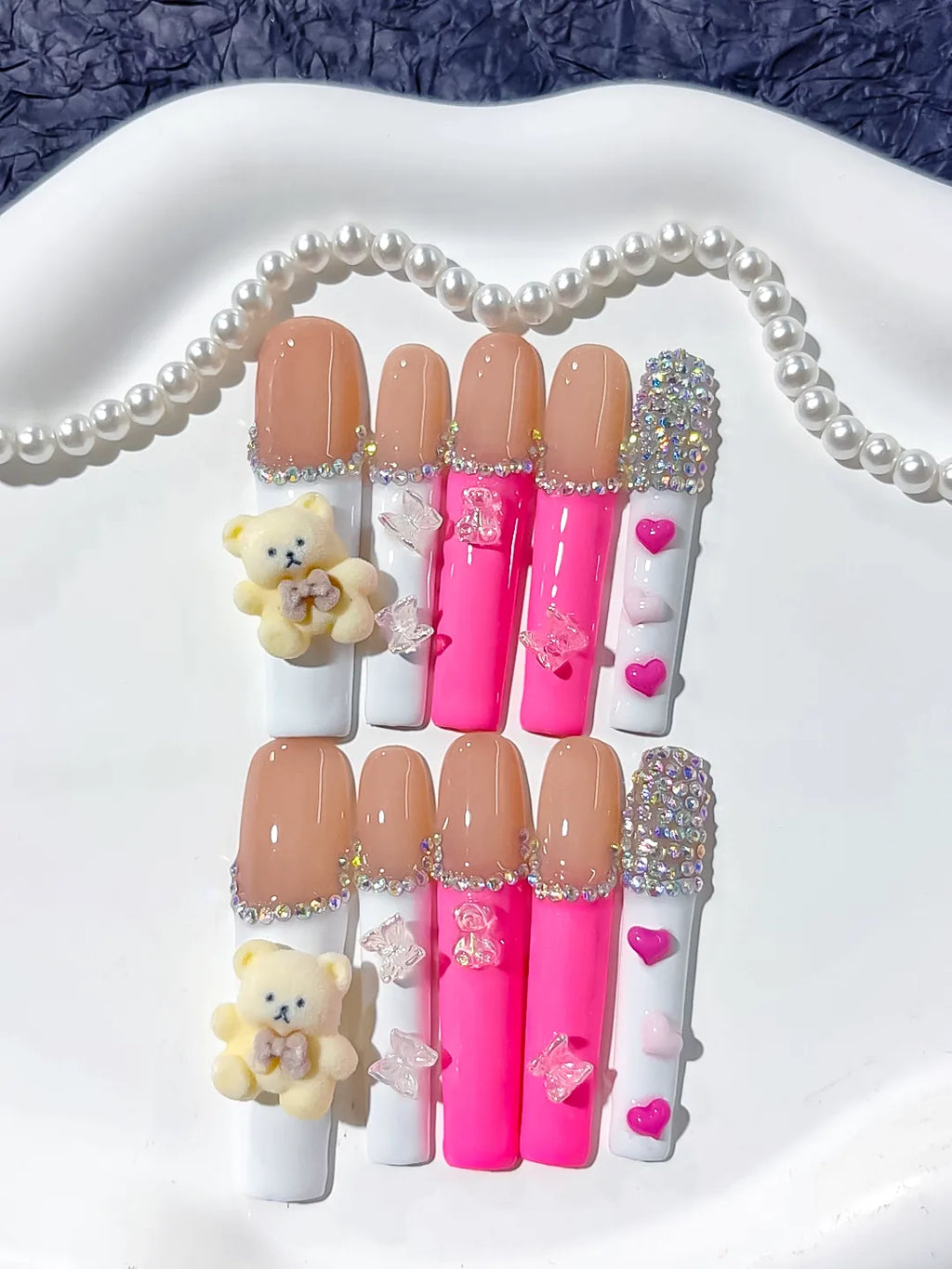 Nude White Pink Silver Solid color Bear Butterfly Heart Rhinestone 3D press on nails detail view
