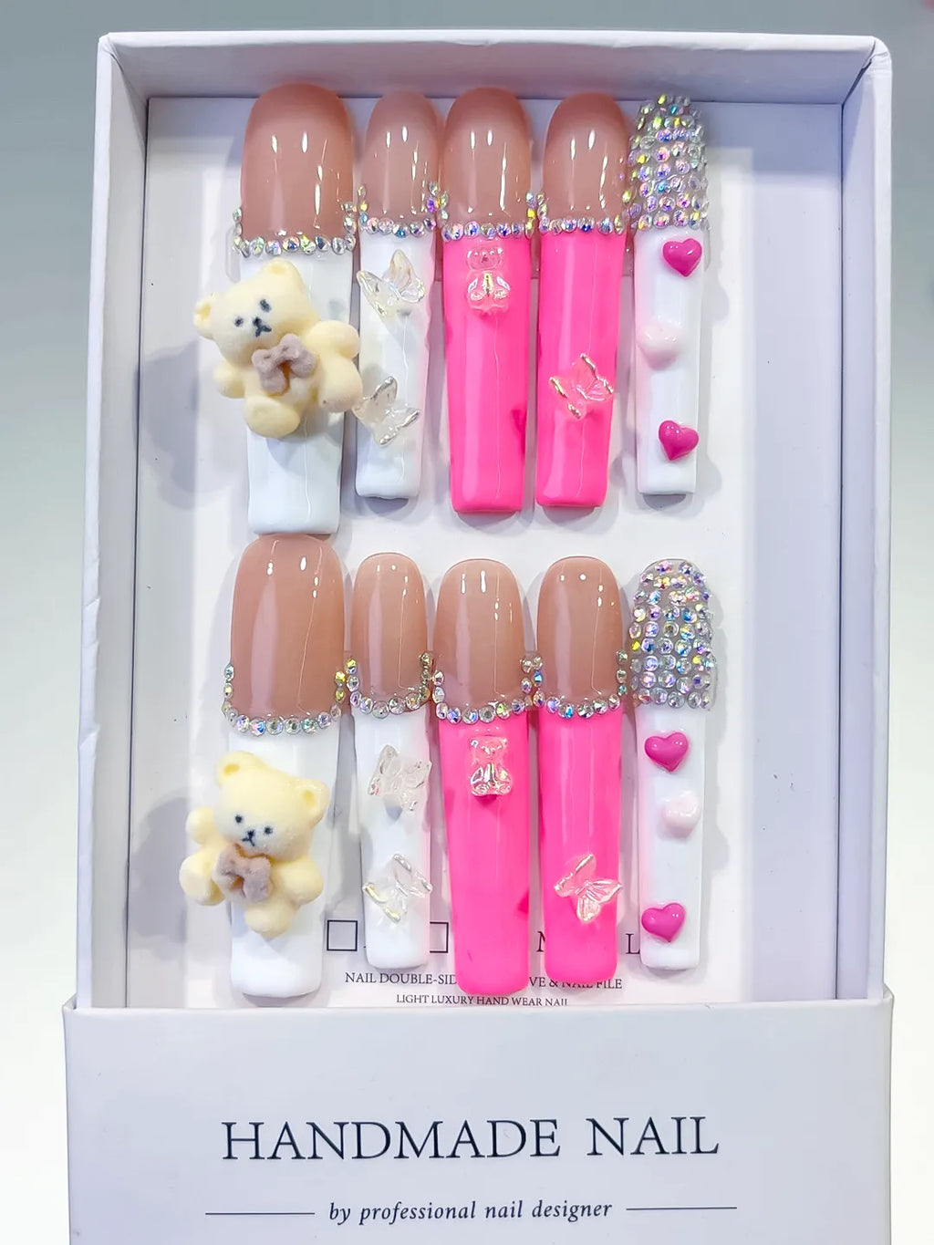 Nude White Pink Silver Solid color Bear Butterfly Heart Rhinestone 3D press on nails full set view