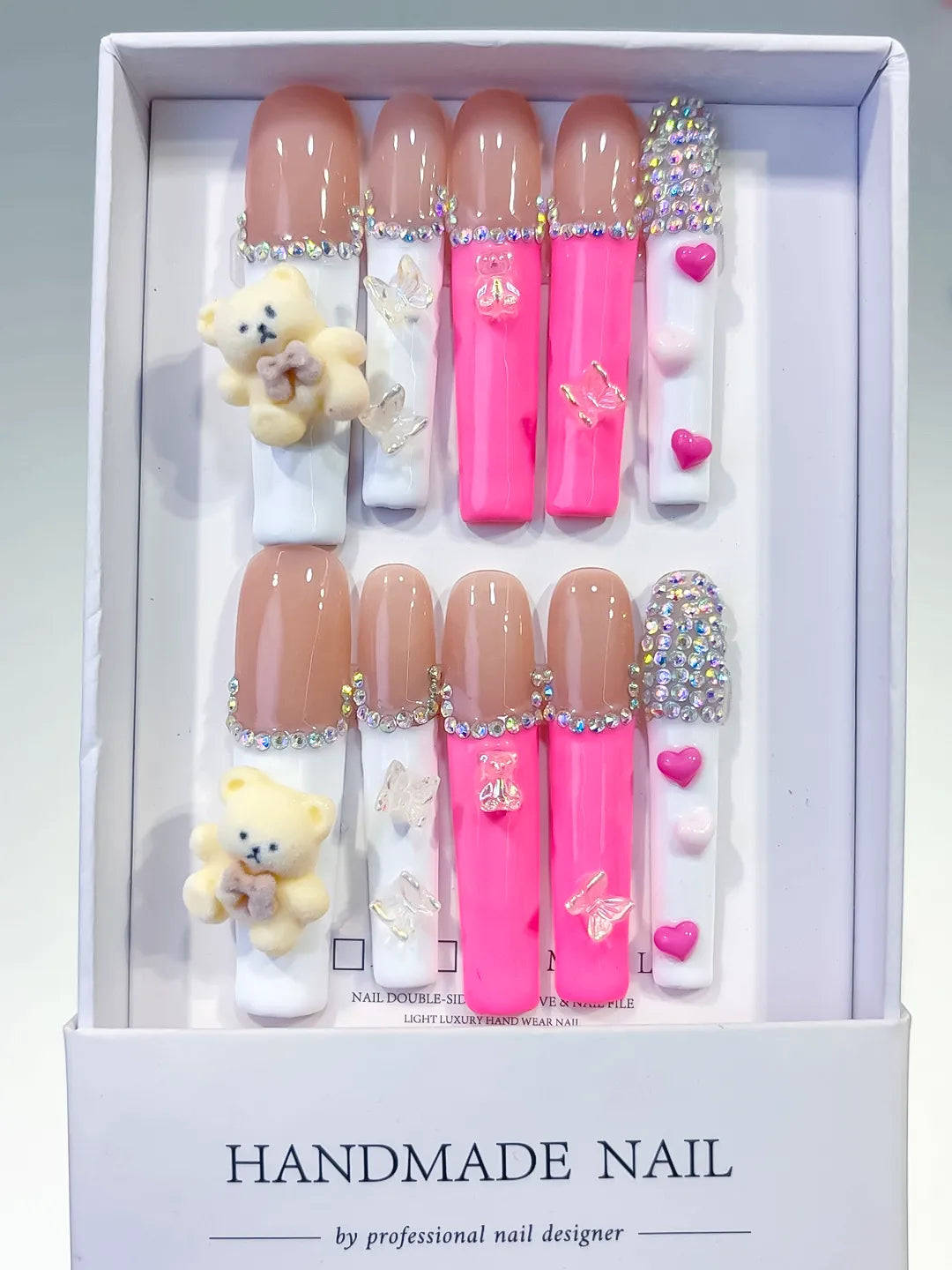 Nude White Pink Silver Solid color Bear Butterfly Heart Rhinestone 3D press on nails full set view