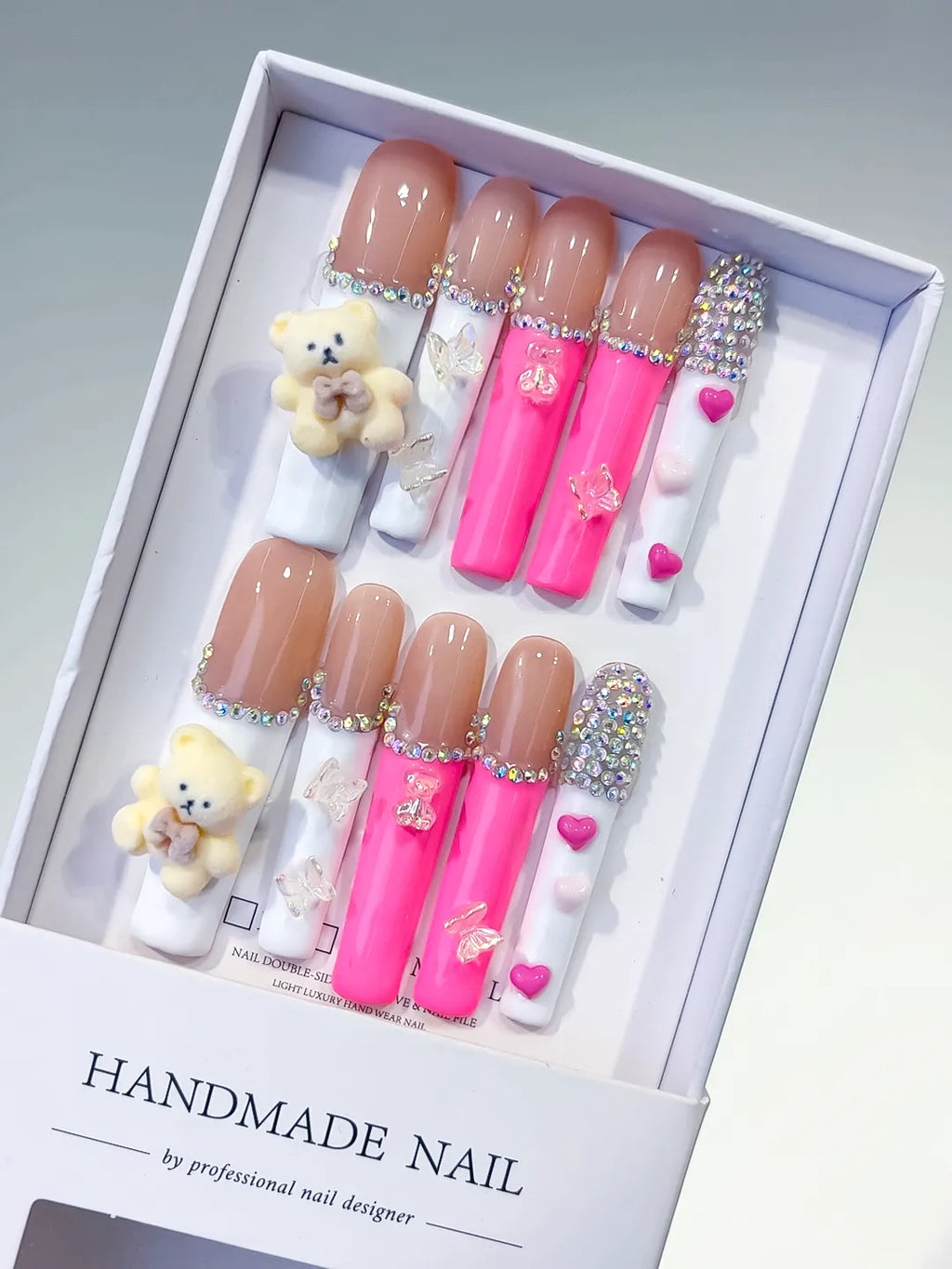 Nude White Pink Silver Solid color Bear Butterfly Heart Rhinestone 3D press on nails
