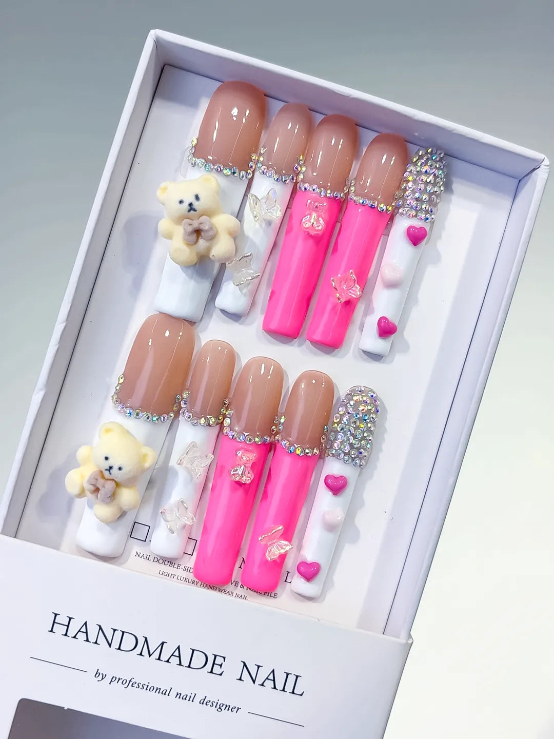 Nude White Pink Silver Solid color Bear Butterfly Heart Rhinestone 3D press on nails