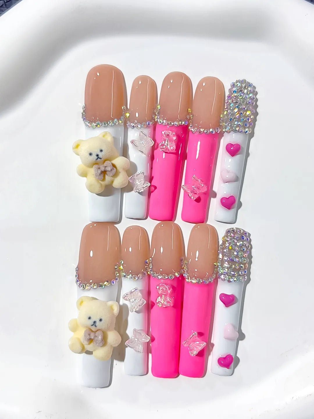Nude White Pink Silver Solid color Bear Butterfly Heart Rhinestone 3D press on nails detail view