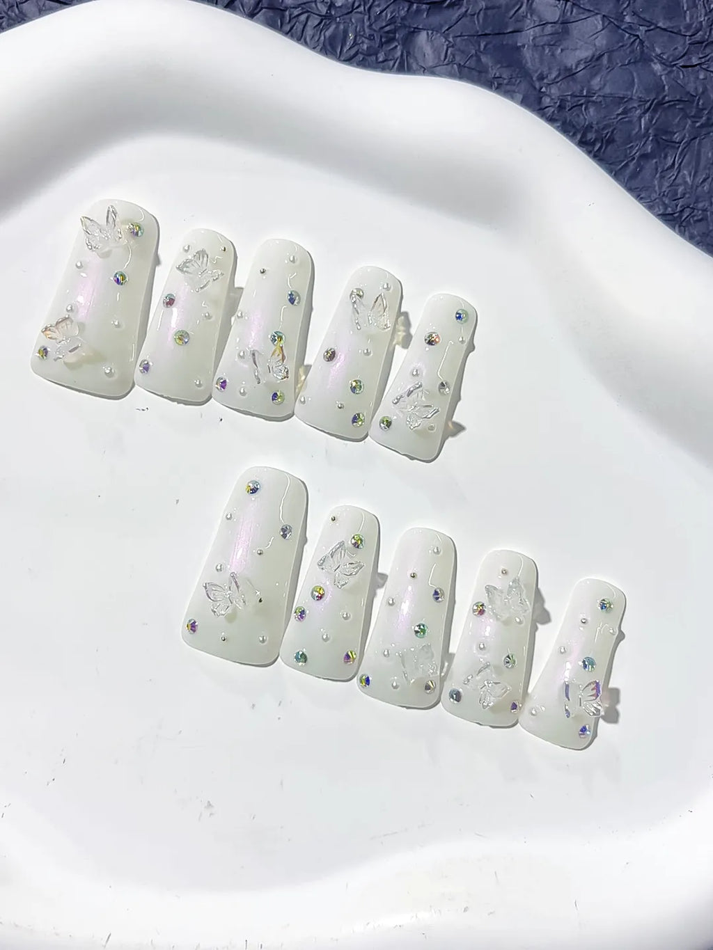 White Silver Multicolor Solid color Butterfly Pearl Rhinestone 3D press on nails detail view