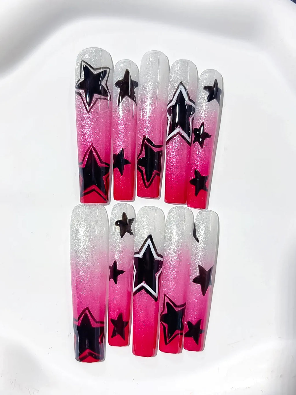 White Pink Black Ombre Star 3D press on nails detail view