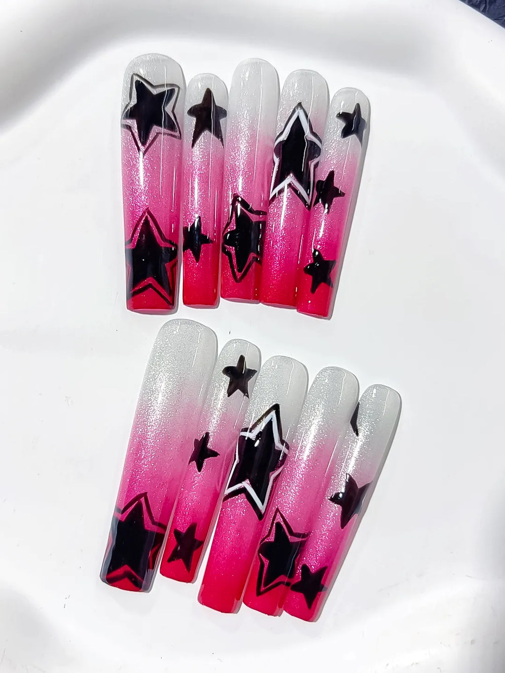 White Pink Black Ombre Star 3D press on nails detail view