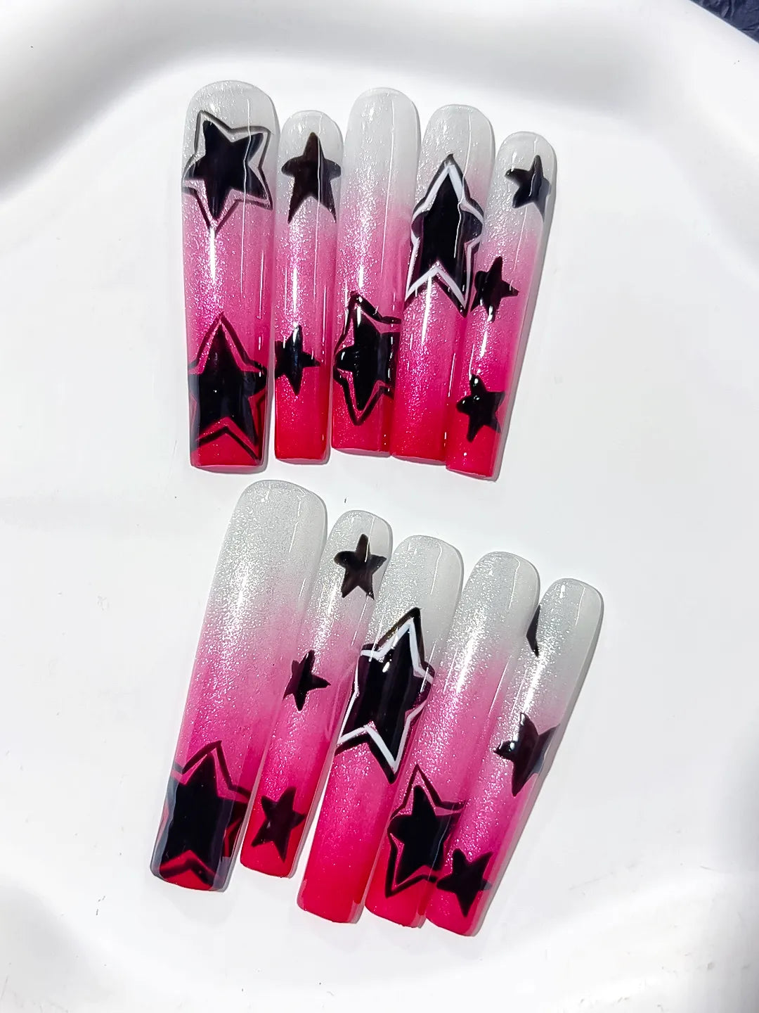 White Pink Black Ombre Star 3D press on nails detail view
