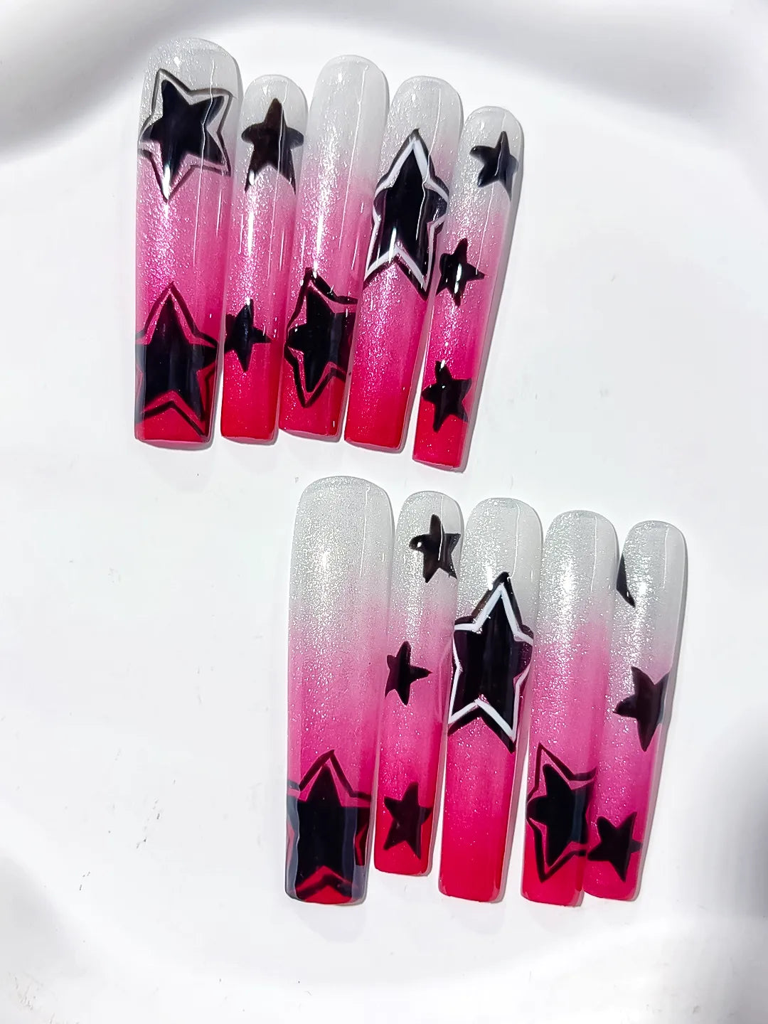 White Pink Black Ombre Star 3D press on nails detail view