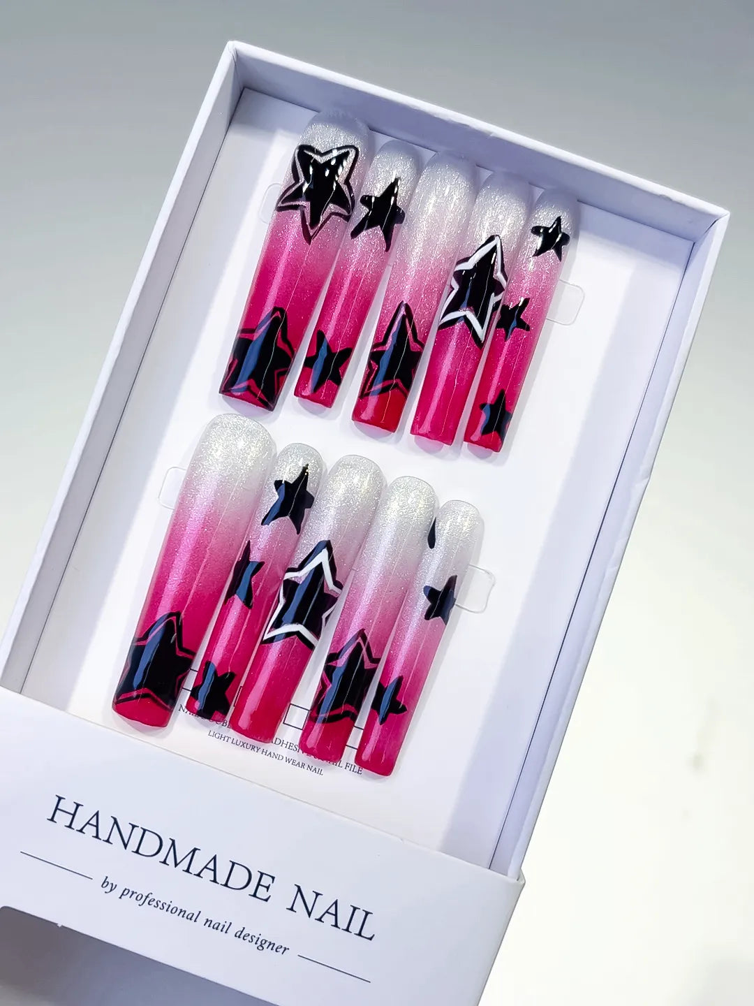 White Pink Black Ombre Star 3D press on nails