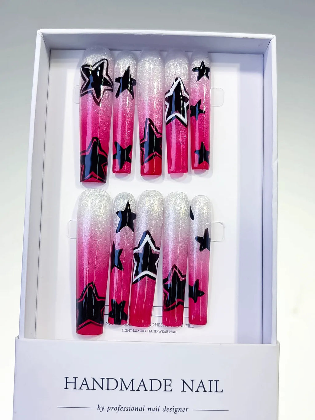 White Pink Black Ombre Star 3D press on nails full set view