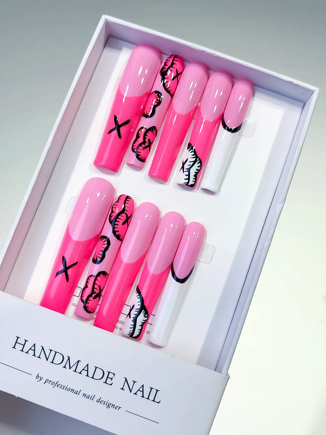 Pink White Black Abstract Lip Print press on nails