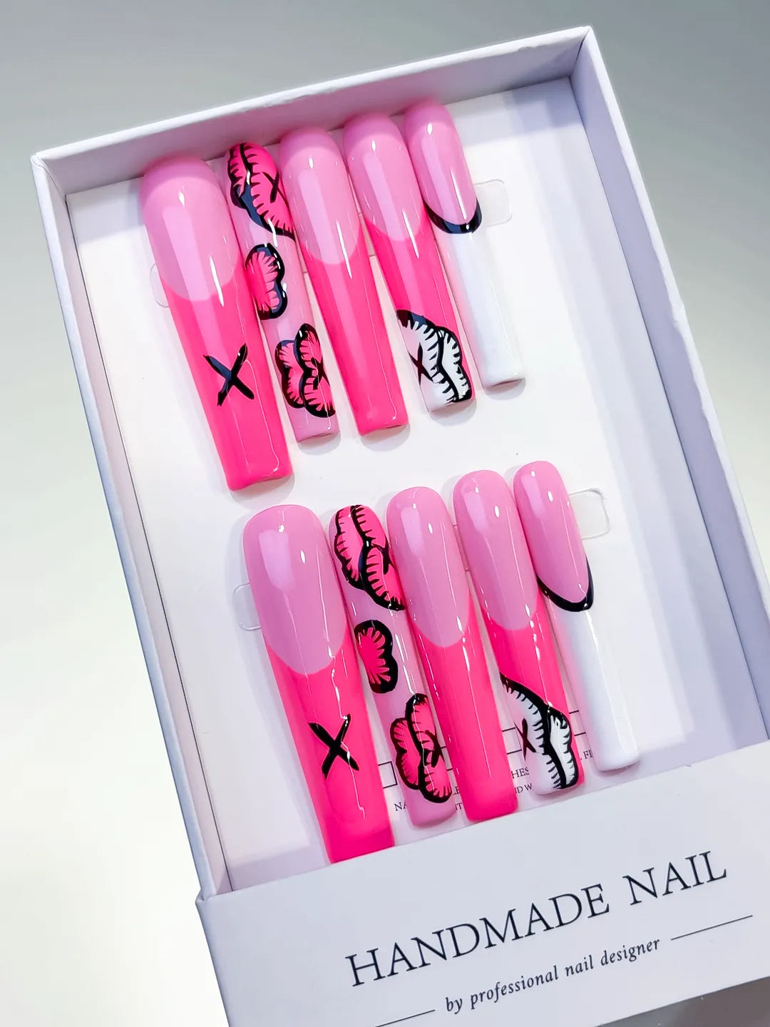 Pink White Black Abstract Lip Print press on nails angled view