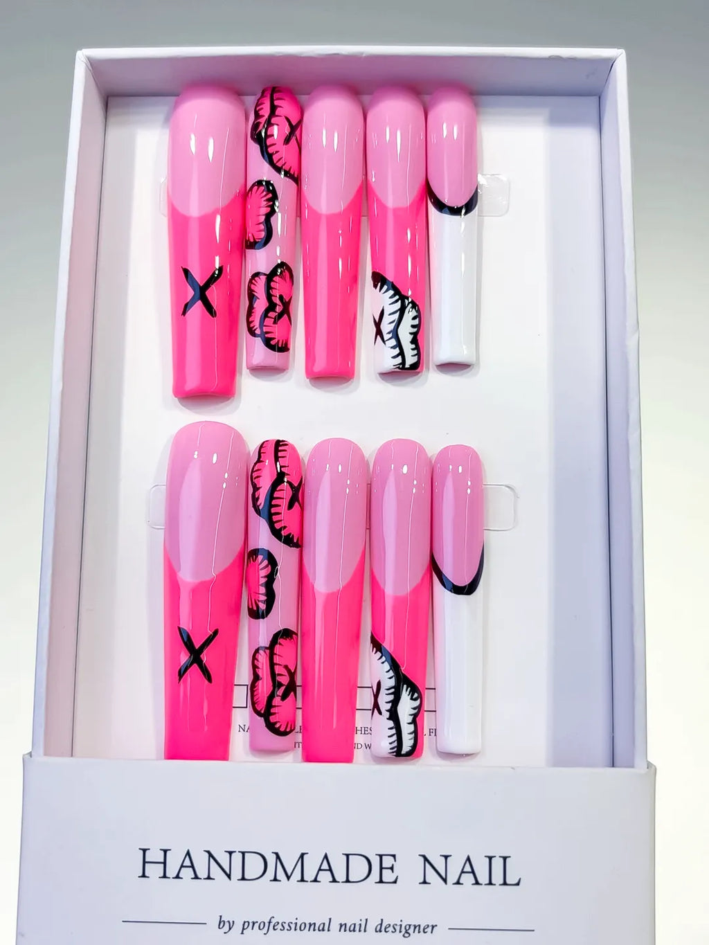 Pink White Black Abstract Lip Print press on nails full set view