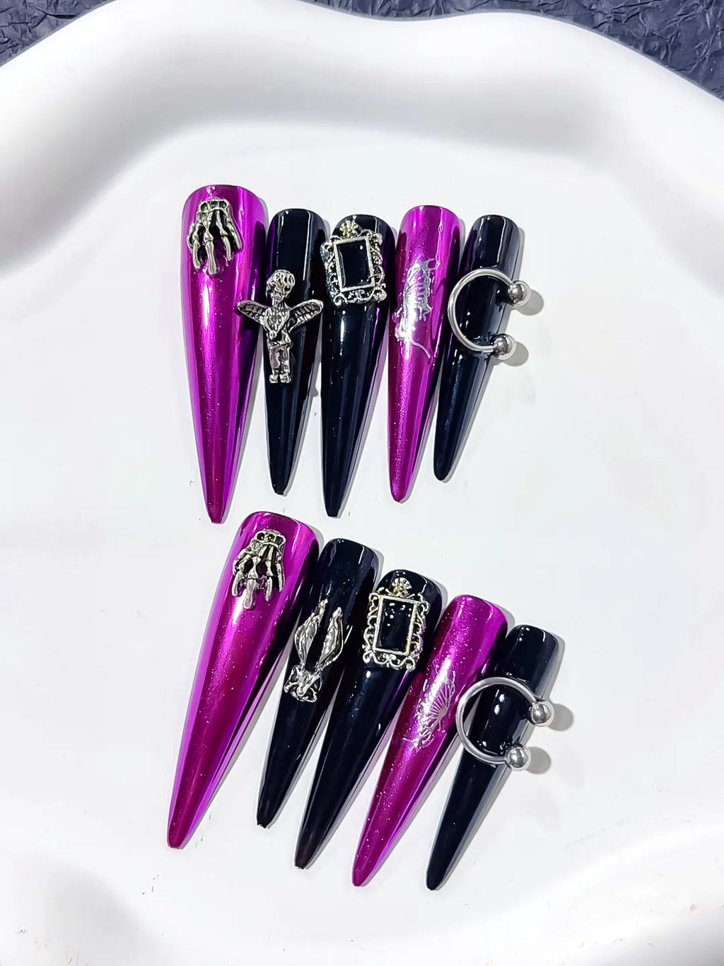 Pink Black Silver Metallic Dragonfly Frame Charm Piercing press on nails close up