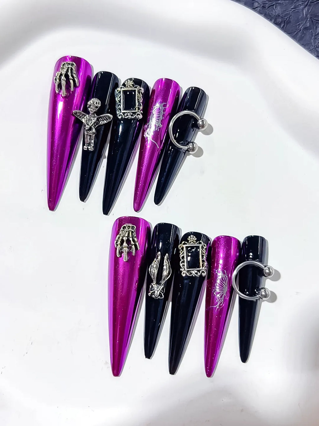 Pink Black Silver Metallic Dragonfly Frame Charm Piercing press on nails detail view