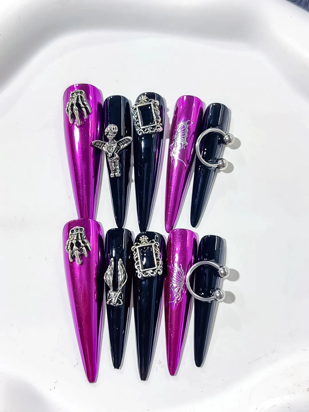 Pink Black Silver Metallic Dragonfly Frame Charm Piercing press on nails detail view