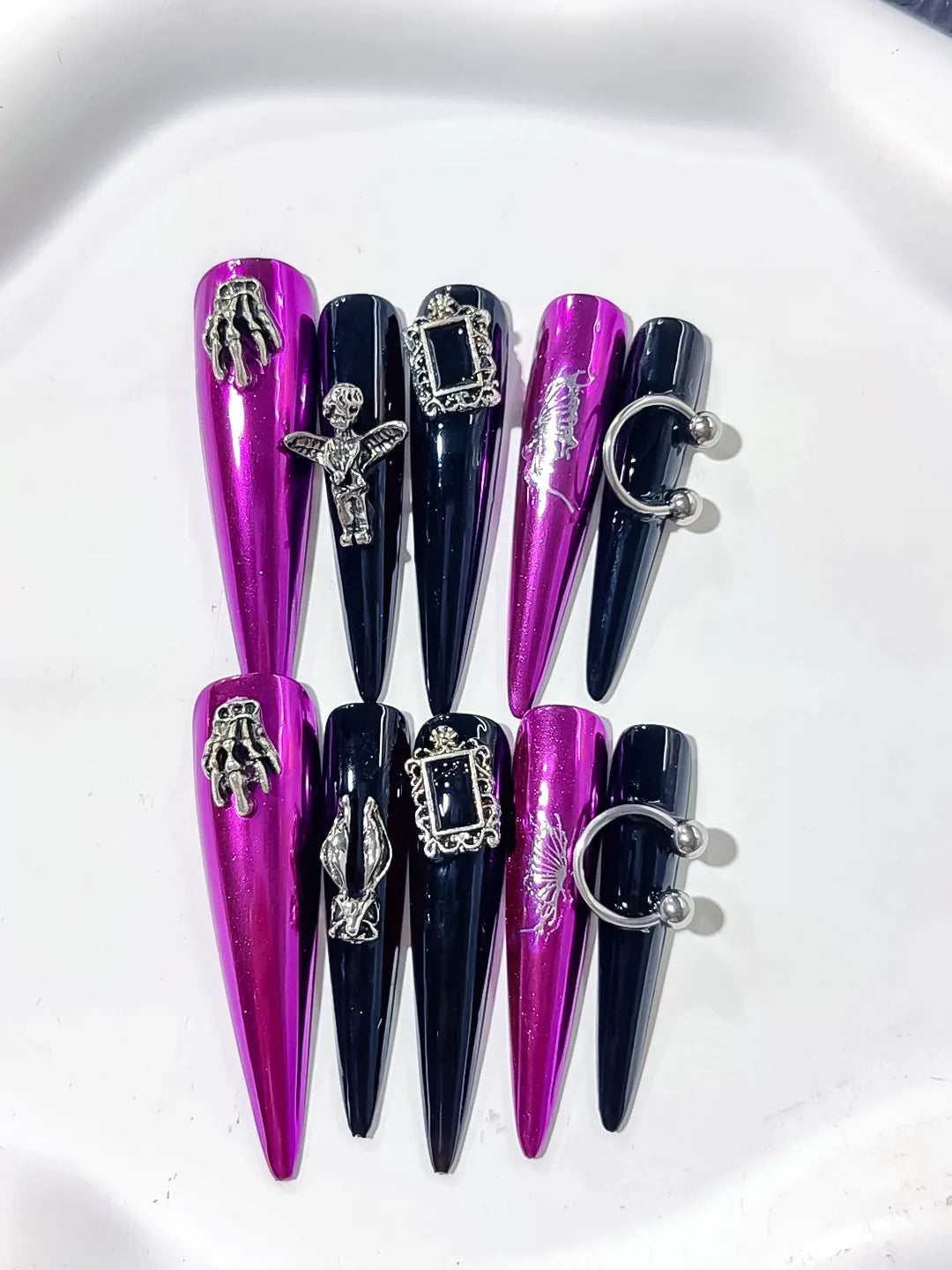 Pink Black Silver Metallic Dragonfly Frame Charm Piercing press on nails detail view