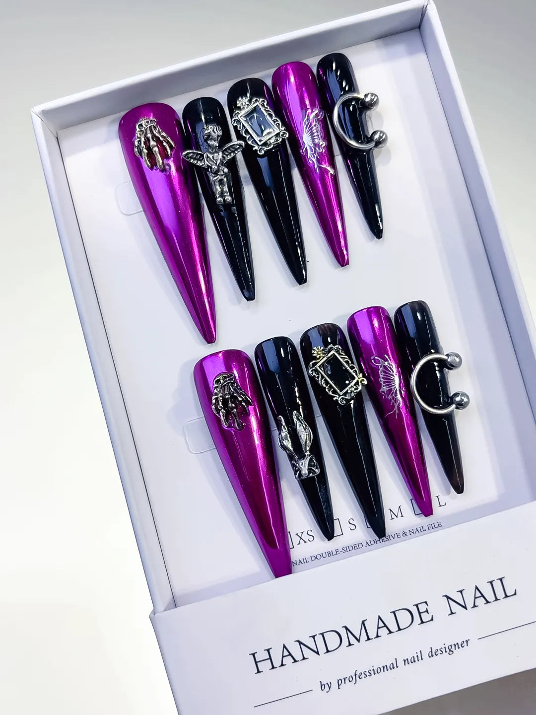 Pink Black Silver Metallic Dragonfly Frame Charm Piercing press on nails angled view